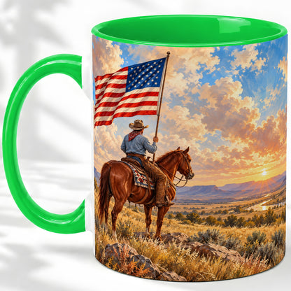 #pl[11oz|Green] Patriotic Cowboy Accent Mug, Ceramic Drinkware for Western Fans
