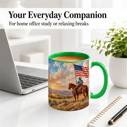 #pl[11oz|Green] Patriotic Cowboy Accent Mug, Ceramic Drinkware for Western Fans