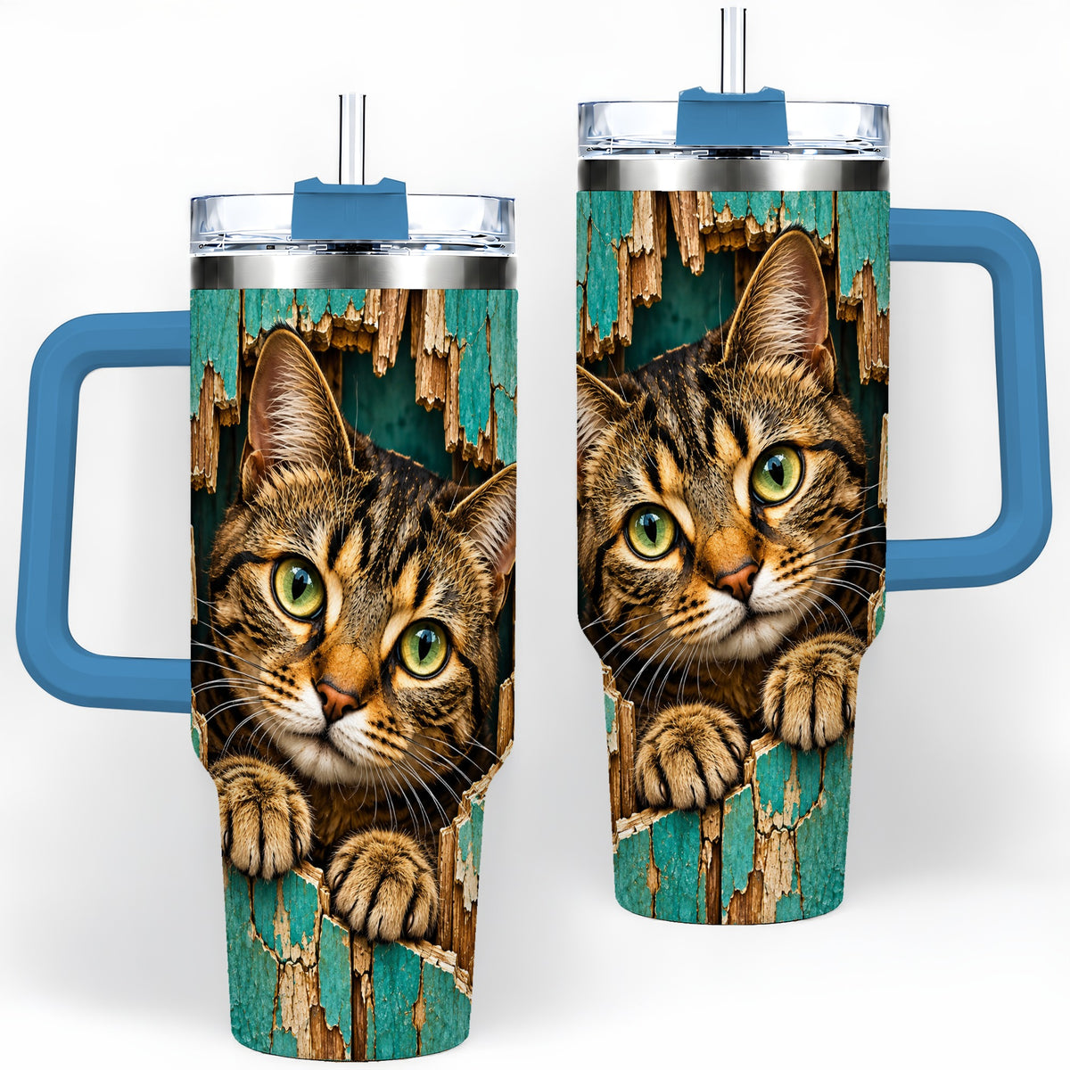 #pl[40oz|Blue] Rustic Tabby Cat 40oz Tumbler, Drinkware for Cat Lovers
