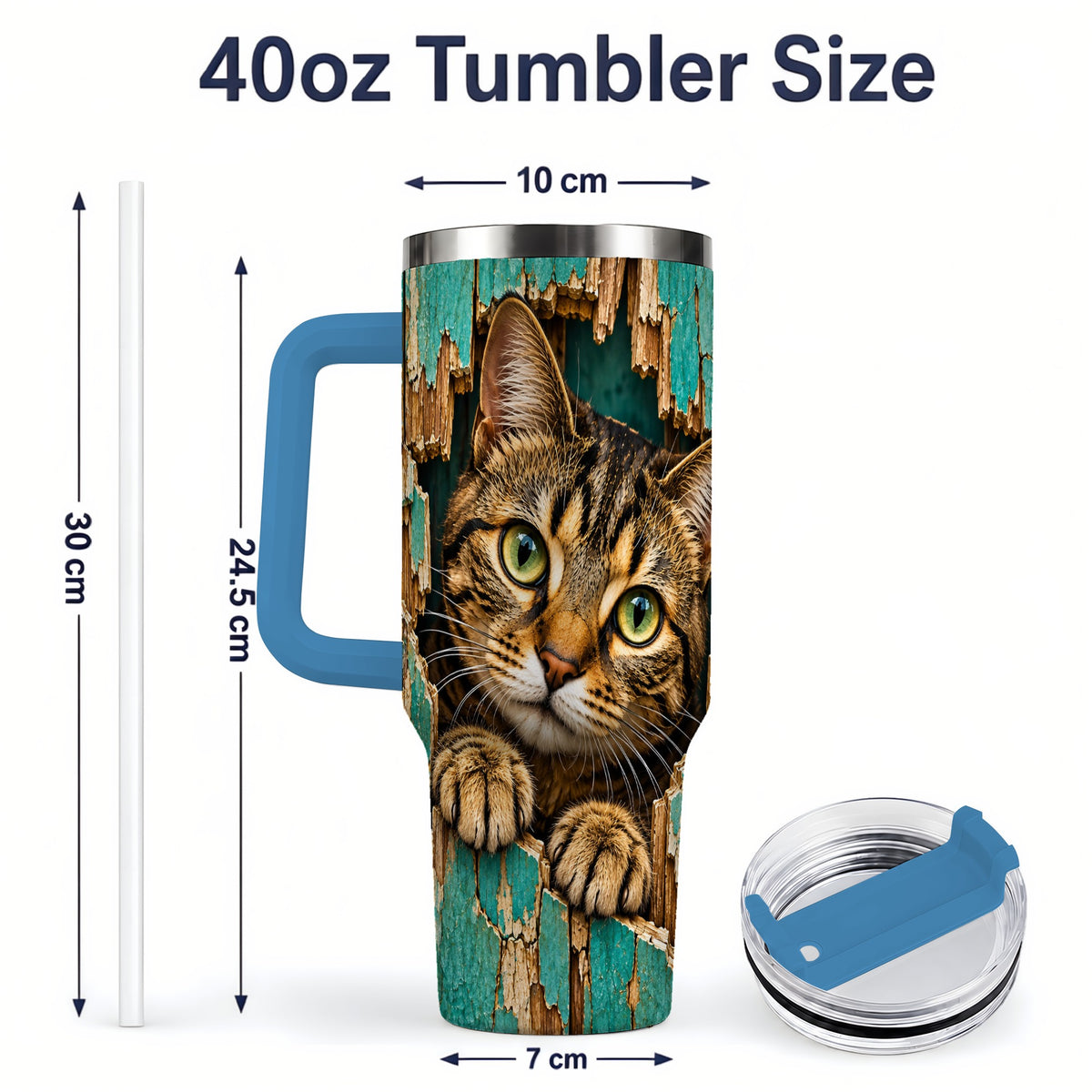 #pl[40oz|Blue] Rustic Tabby Cat 40oz Tumbler, Drinkware for Cat Lovers