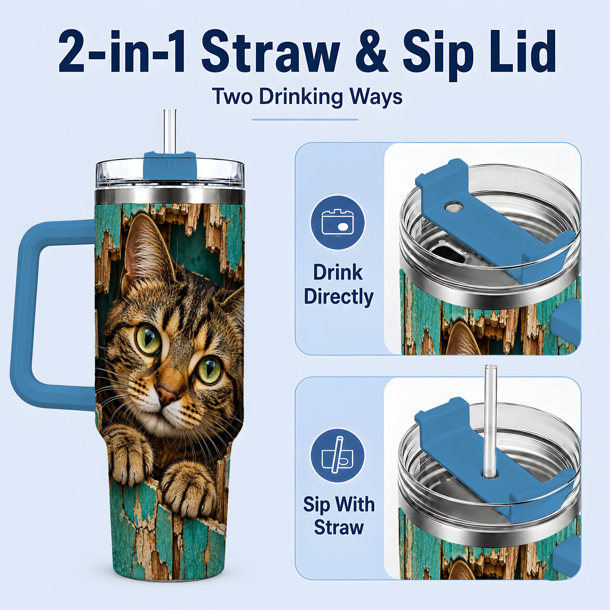#pl[40oz|Blue] Rustic Tabby Cat 40oz Tumbler, Drinkware for Cat Lovers