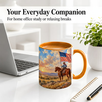 #pl[11oz|Orange] Patriotic Cowboy Accent Mug, Ceramic Drinkware for Western Fans