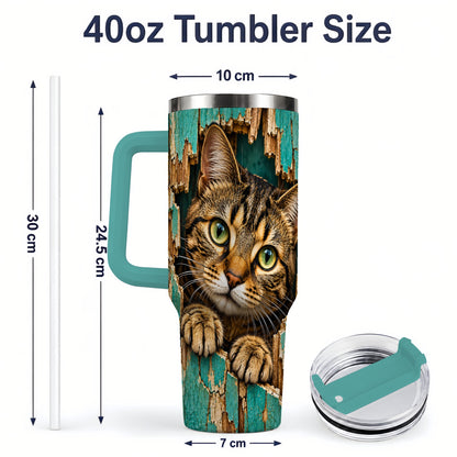 #pl[40oz|Green] Rustic Tabby Cat 40oz Tumbler, Drinkware for Cat Lovers