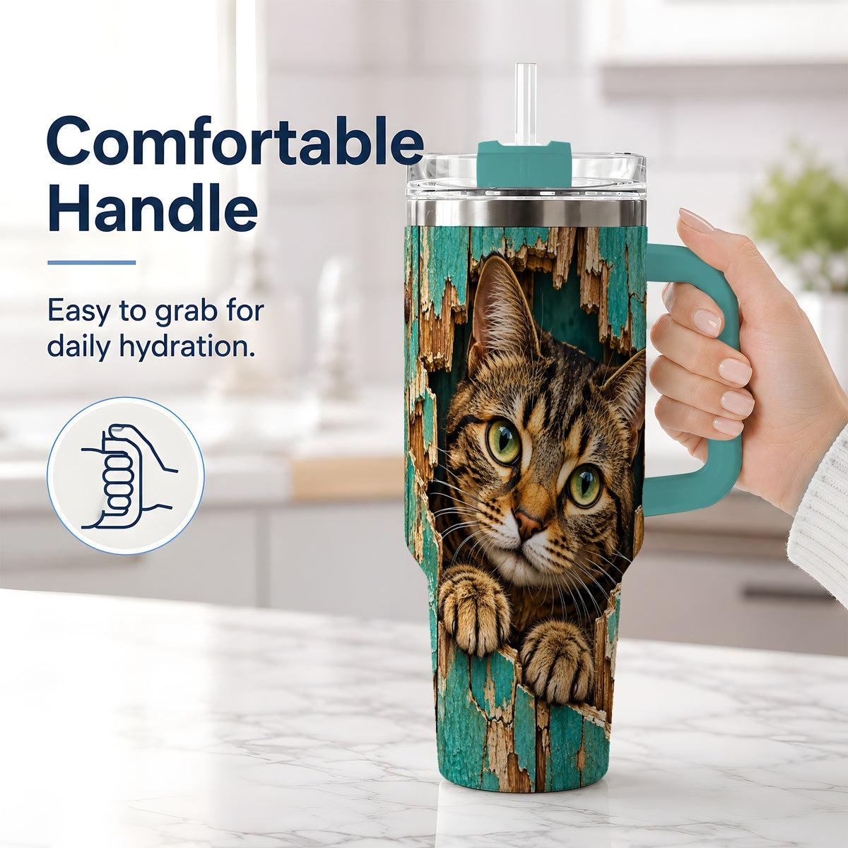 #pl[40oz|Green] Rustic Tabby Cat 40oz Tumbler, Drinkware for Cat Lovers