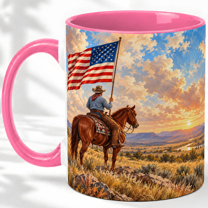 #pl[11oz|Pink] Patriotic Cowboy Accent Mug, Ceramic Drinkware for Western Fans