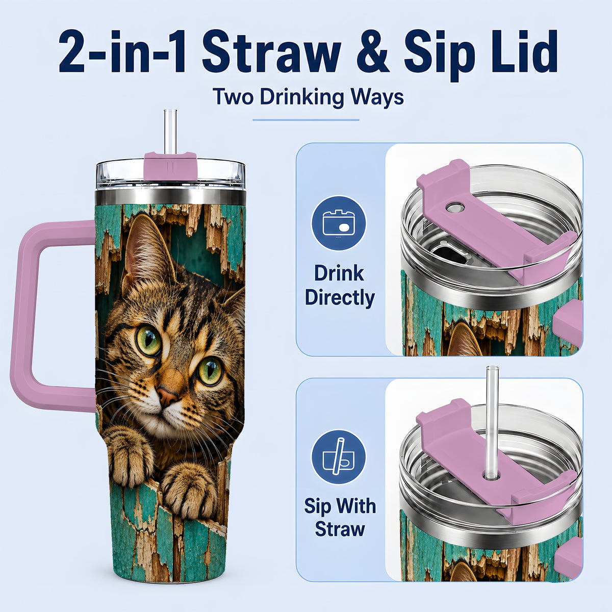 #pl[40oz|Pink] Rustic Tabby Cat 40oz Tumbler, Drinkware for Cat Lovers