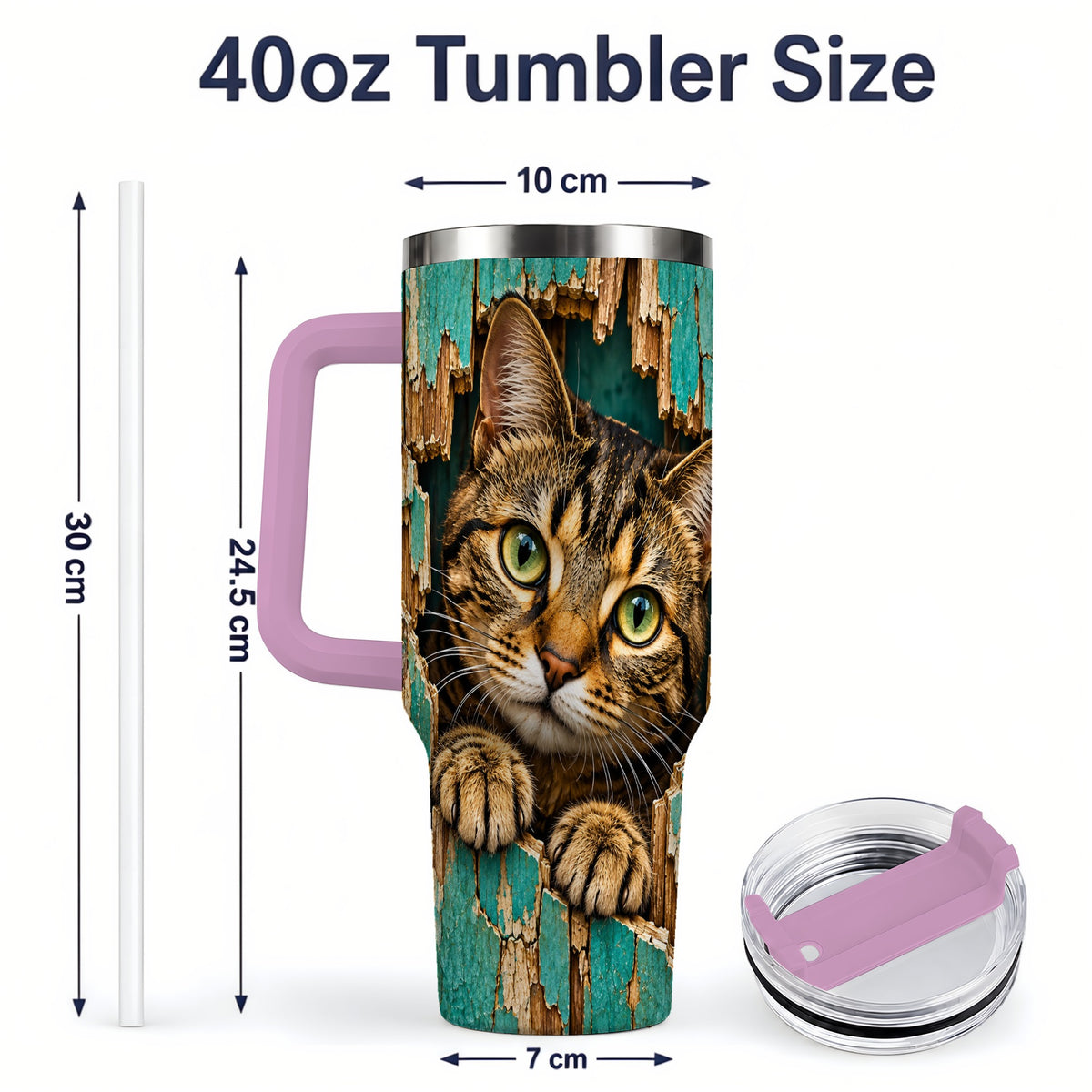 #pl[40oz|Pink] Rustic Tabby Cat 40oz Tumbler, Drinkware for Cat Lovers