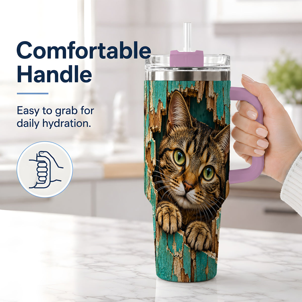 #pl[40oz|Pink] Rustic Tabby Cat 40oz Tumbler, Drinkware for Cat Lovers