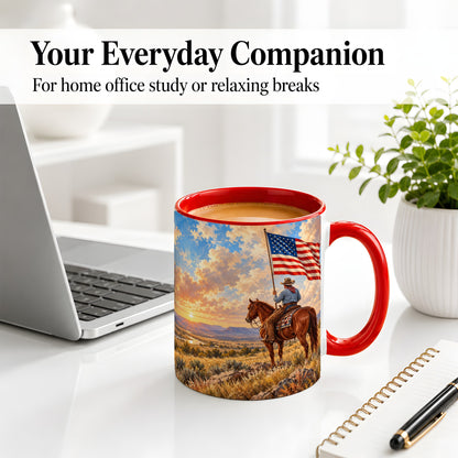 #pl[11oz|Red] Patriotic Cowboy Accent Mug, Ceramic Drinkware for Western Fans