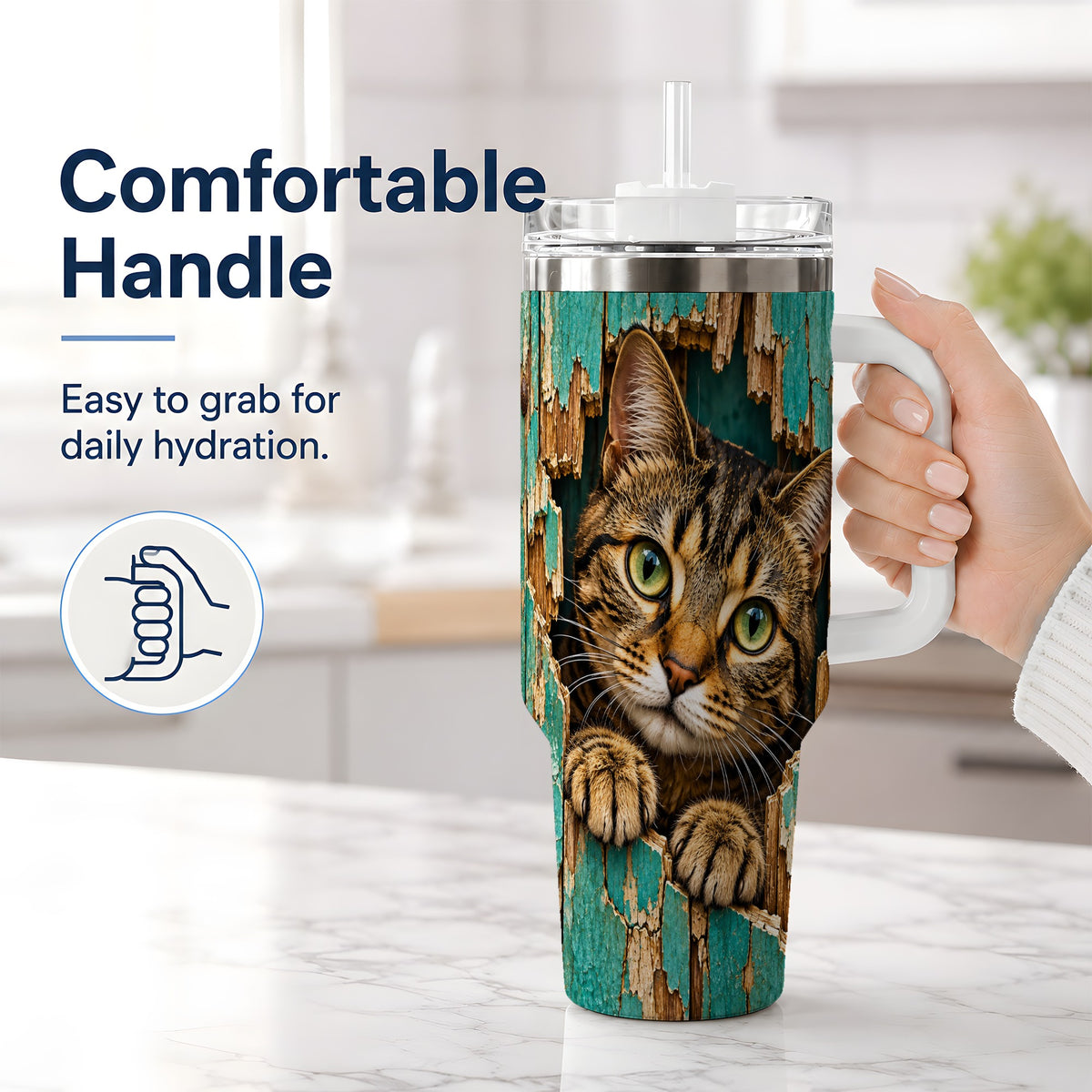 #pl[40oz|White] Rustic Tabby Cat 40oz Tumbler, Drinkware for Cat Lovers