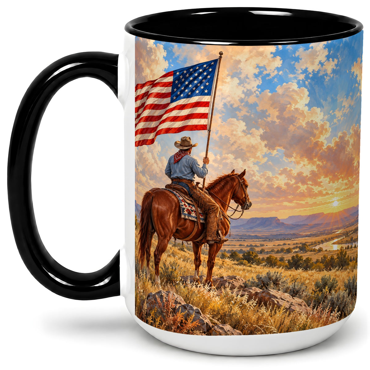 #pl[15oz|Black] Patriotic Cowboy Accent Mug, Ceramic Drinkware for Western Fans
