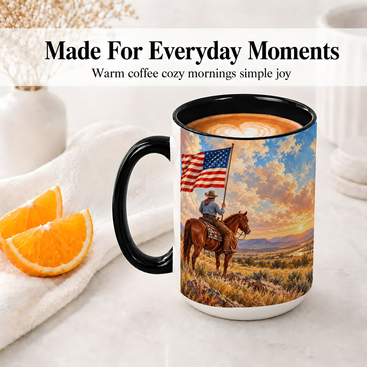 #pl[15oz|Black] Patriotic Cowboy Accent Mug, Ceramic Drinkware for Western Fans