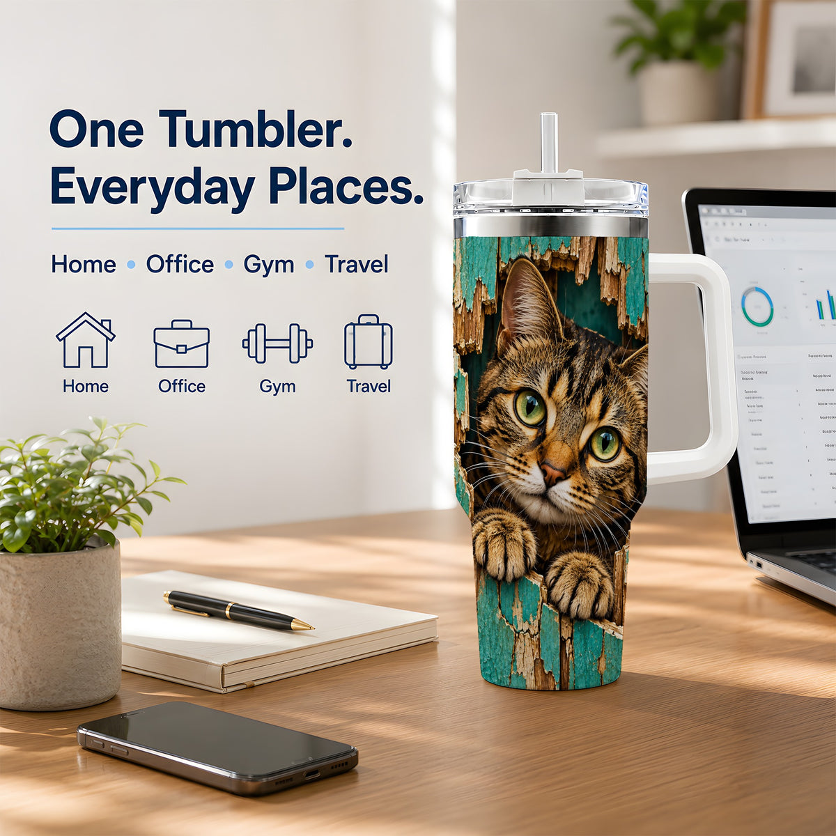 Rustic Tabby Cat 40oz Tumbler, Drinkware for Cat Lovers