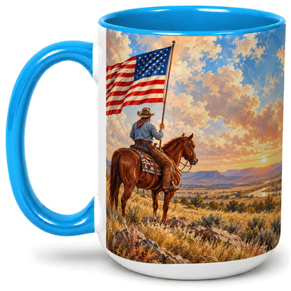 #pl[15oz|Blue] Patriotic Cowboy Accent Mug, Ceramic Drinkware for Western Fans