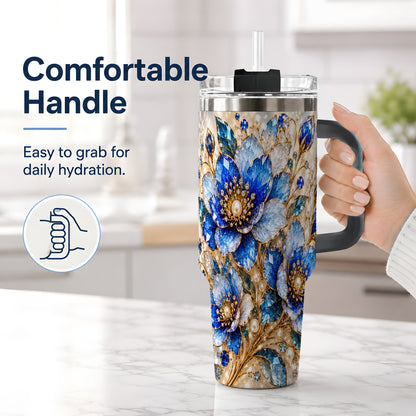 #pl[40oz|Black] Blue Floral Art 40oz Tumbler, Drinkware for Flower Lovers