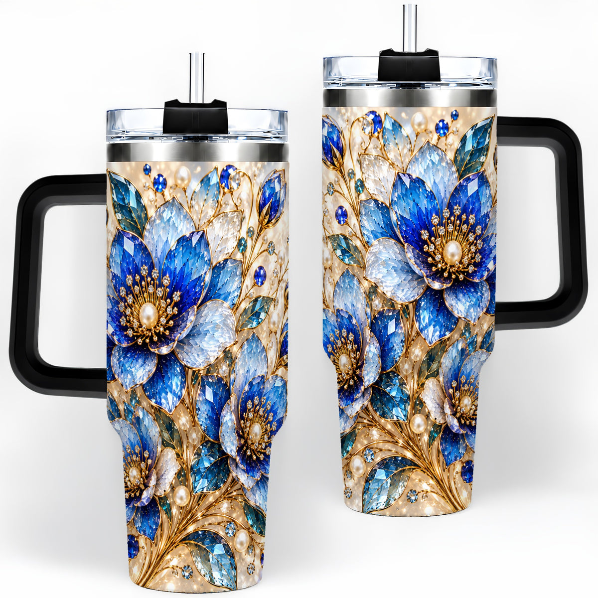 #pl[40oz|Black] Blue Floral Art 40oz Tumbler, Drinkware for Flower Lovers