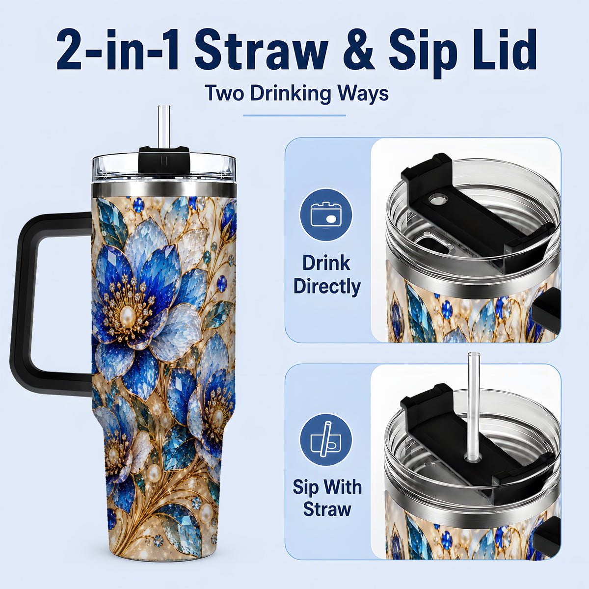 #pl[40oz|Black] Blue Floral Art 40oz Tumbler, Drinkware for Flower Lovers
