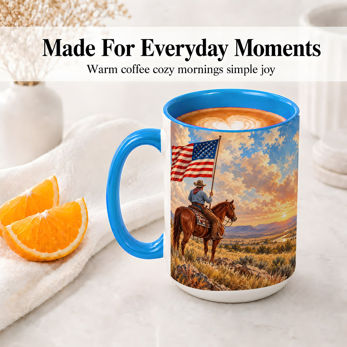 #pl[15oz|Blue] Patriotic Cowboy Accent Mug, Ceramic Drinkware for Western Fans