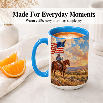 #pl[15oz|Blue] Patriotic Cowboy Accent Mug, Ceramic Drinkware for Western Fans