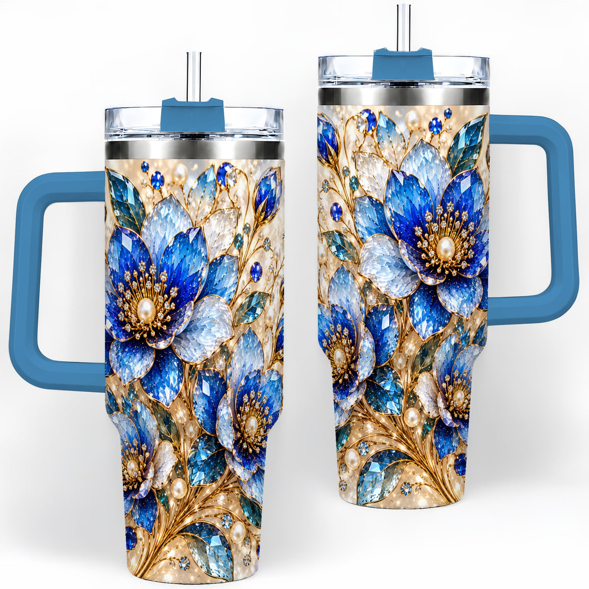 #pl[40oz|Blue] Blue Floral Art 40oz Tumbler, Drinkware for Flower Lovers
