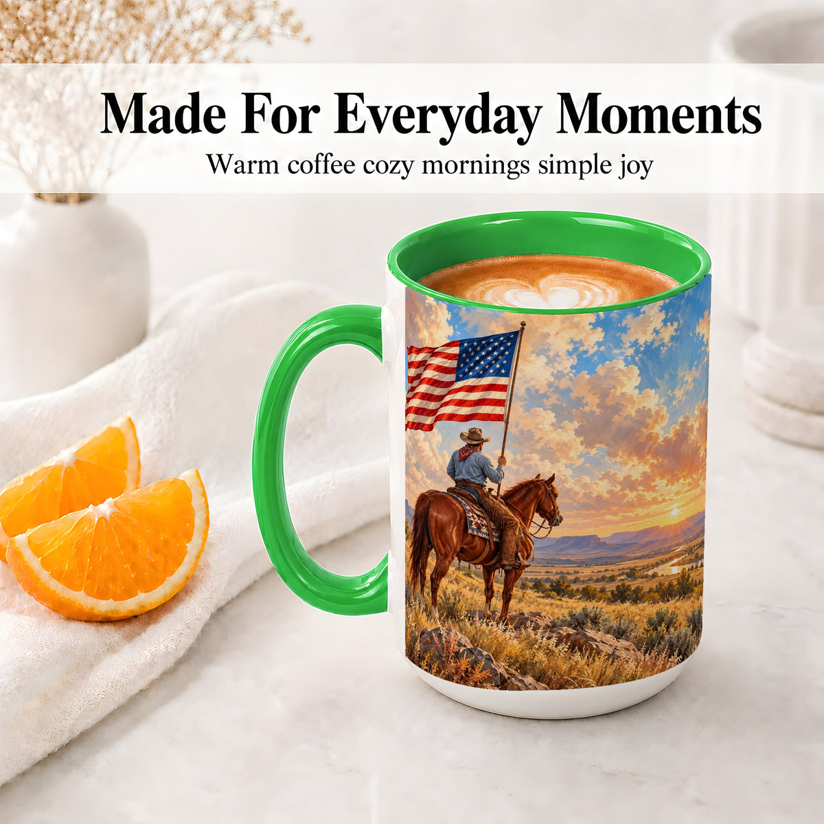 #pl[15oz|Green] Patriotic Cowboy Accent Mug, Ceramic Drinkware for Western Fans