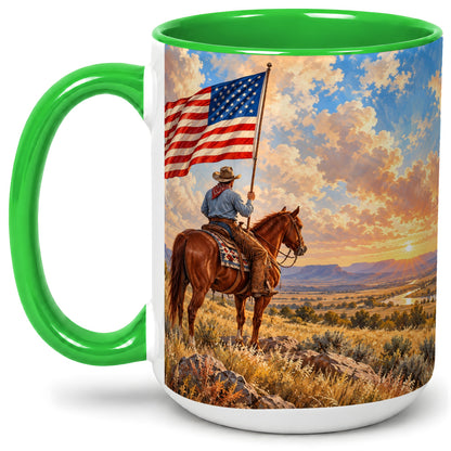 #pl[15oz|Green] Patriotic Cowboy Accent Mug, Ceramic Drinkware for Western Fans