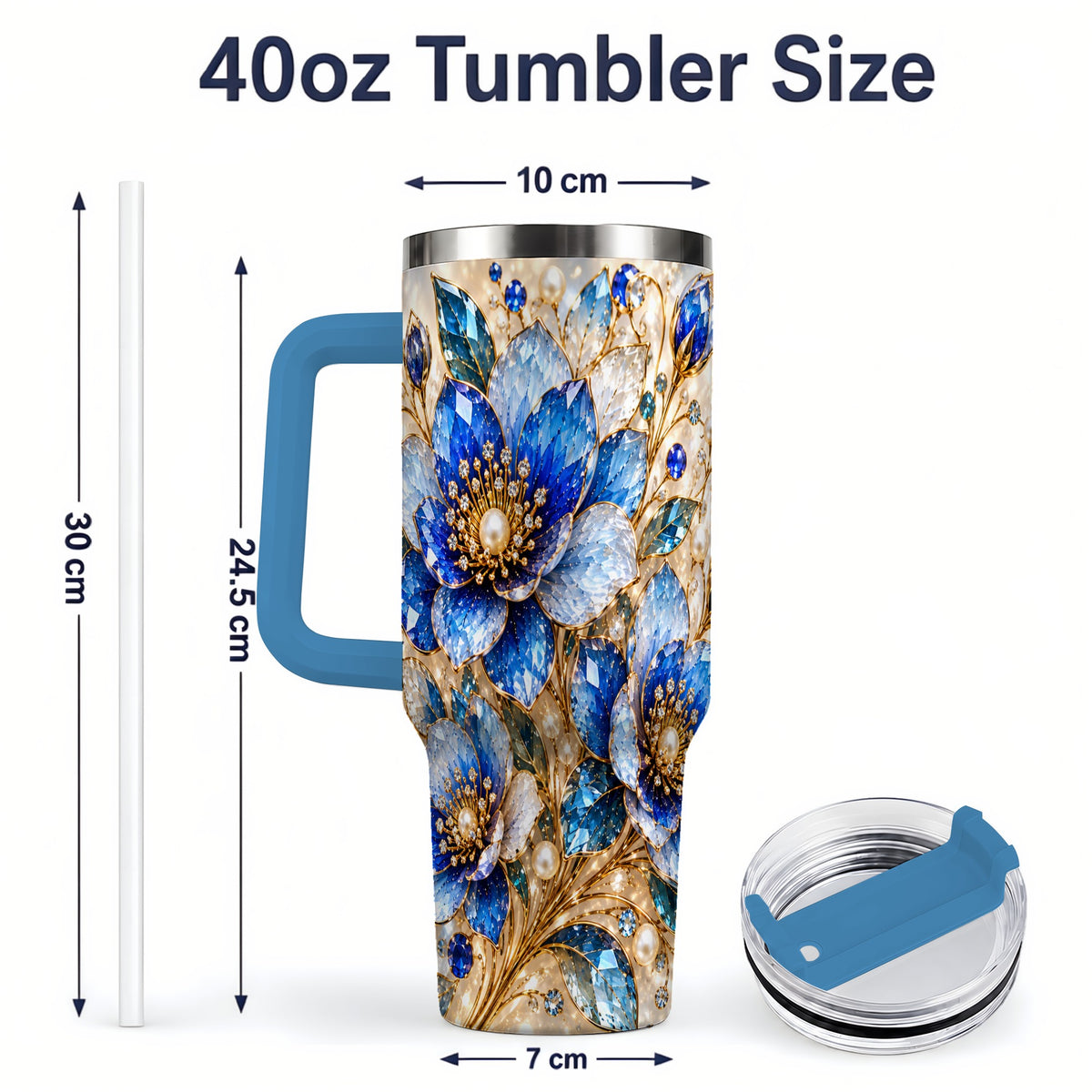 #pl[40oz|Blue] Blue Floral Art 40oz Tumbler, Drinkware for Flower Lovers