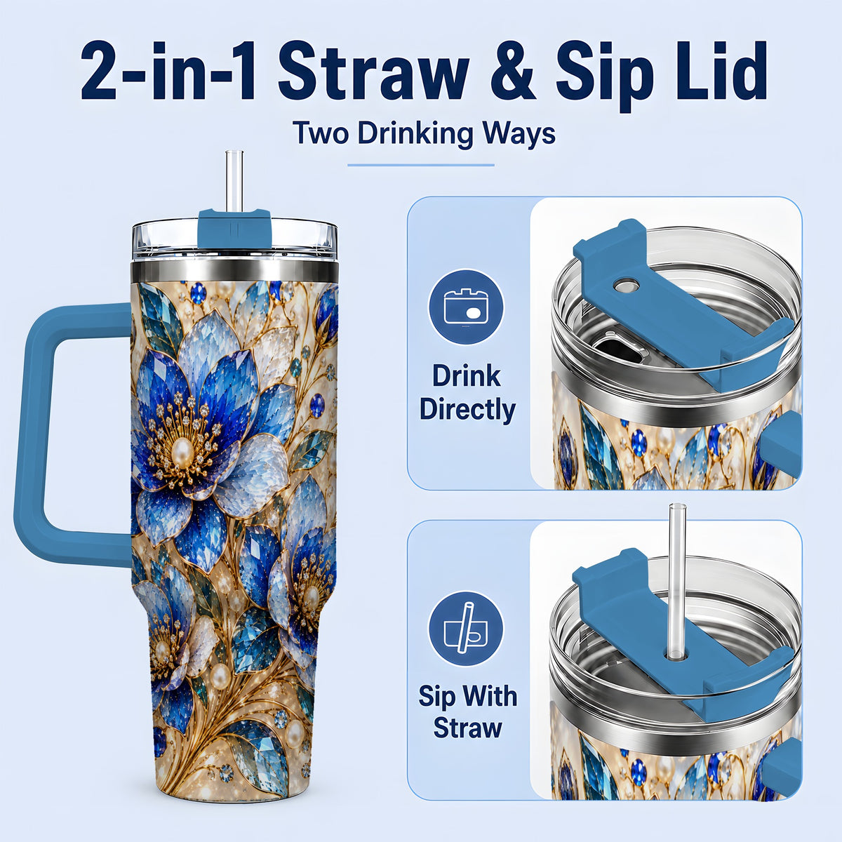#pl[40oz|Blue] Blue Floral Art 40oz Tumbler, Drinkware for Flower Lovers