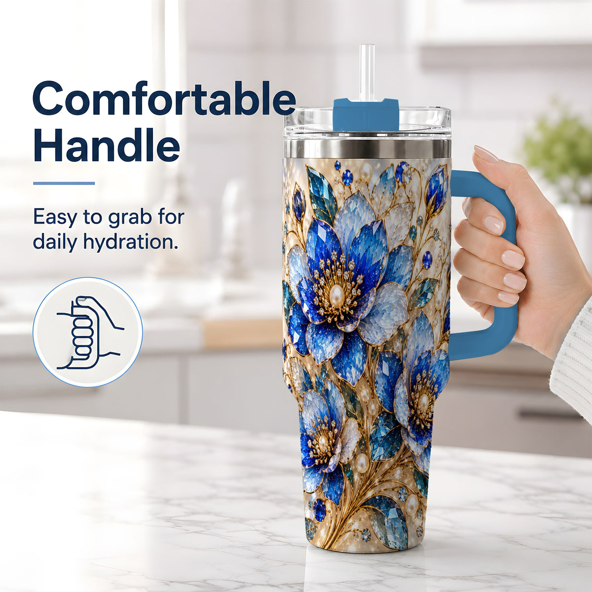 #pl[40oz|Blue] Blue Floral Art 40oz Tumbler, Drinkware for Flower Lovers