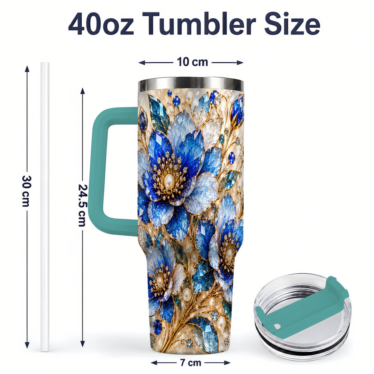 #pl[40oz|Green] Blue Floral Art 40oz Tumbler, Drinkware for Flower Lovers