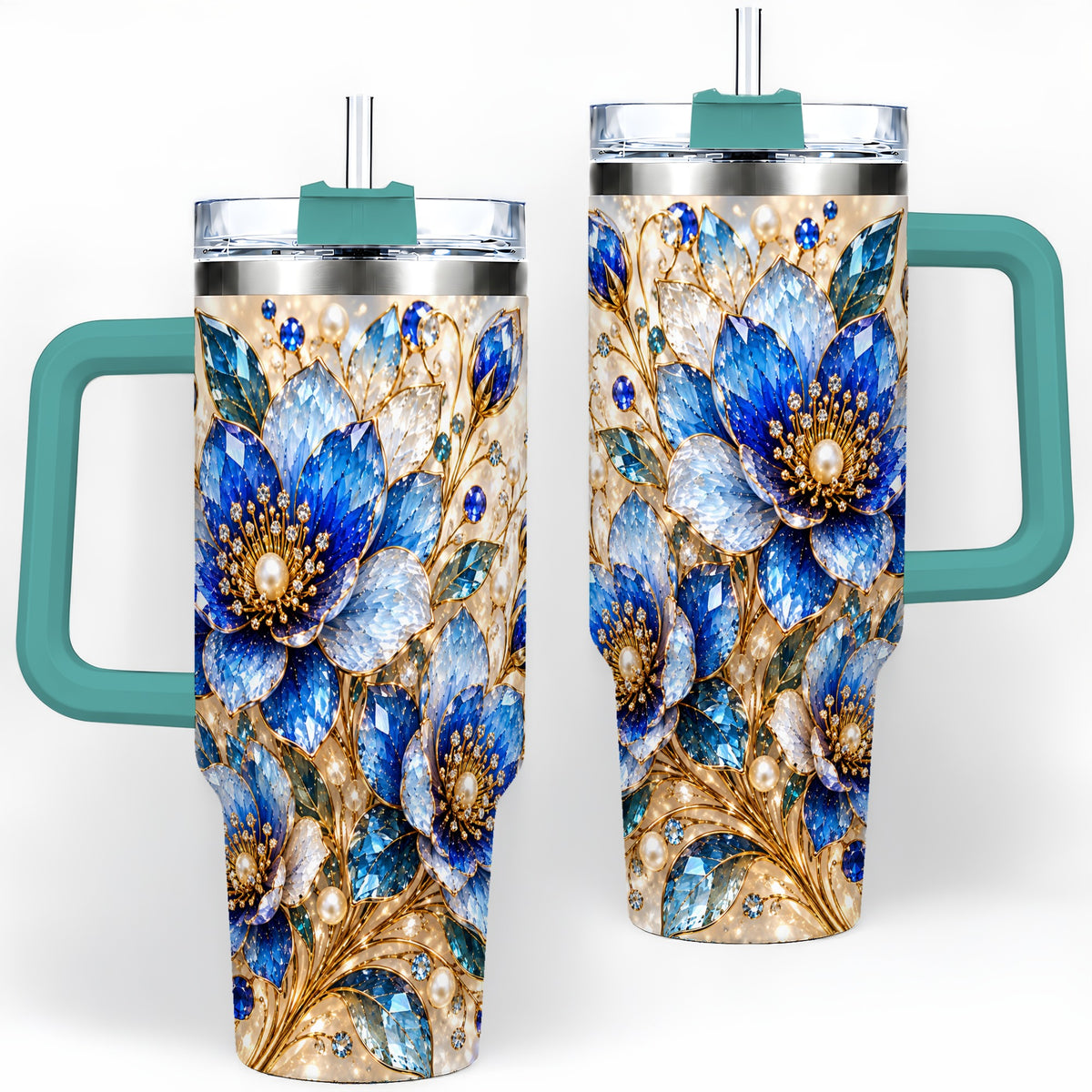 #pl[40oz|Green] Blue Floral Art 40oz Tumbler, Drinkware for Flower Lovers