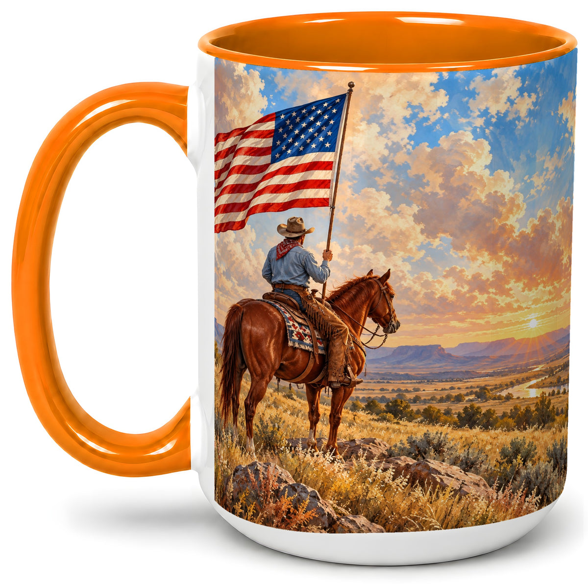 #pl[15oz|Orange] Patriotic Cowboy Accent Mug, Ceramic Drinkware for Western Fans