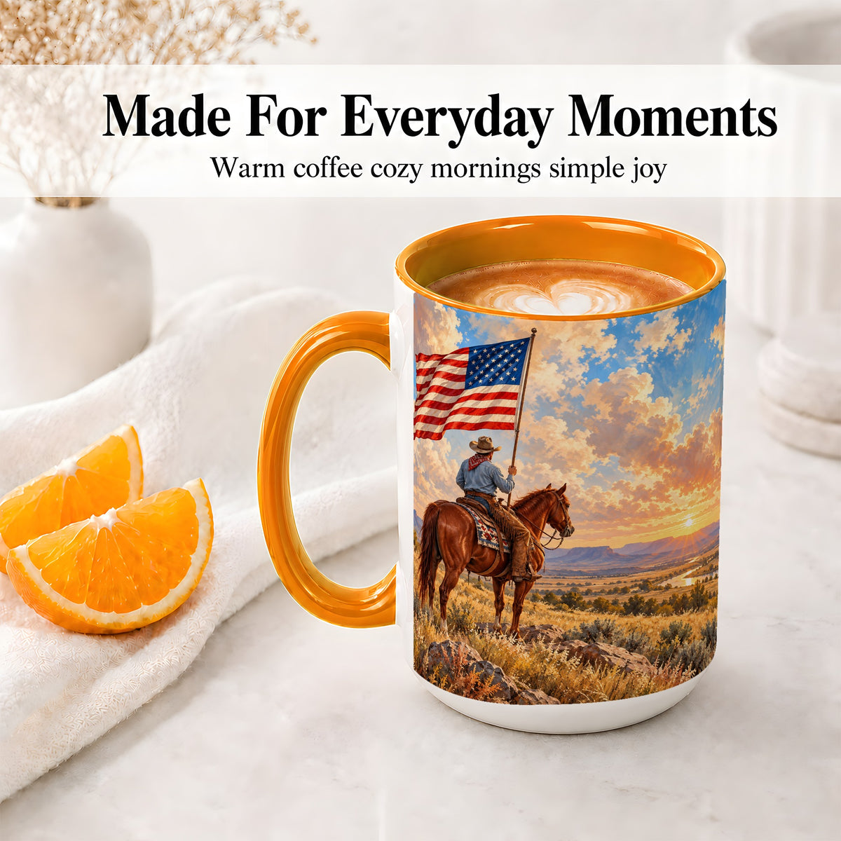 #pl[15oz|Orange] Patriotic Cowboy Accent Mug, Ceramic Drinkware for Western Fans