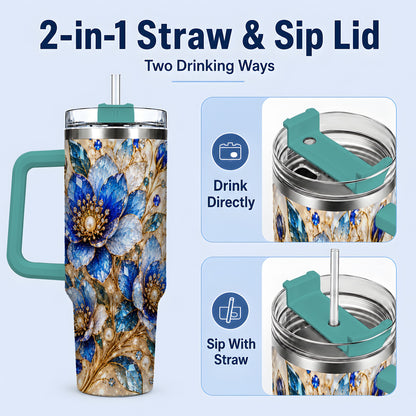 #pl[40oz|Green] Blue Floral Art 40oz Tumbler, Drinkware for Flower Lovers