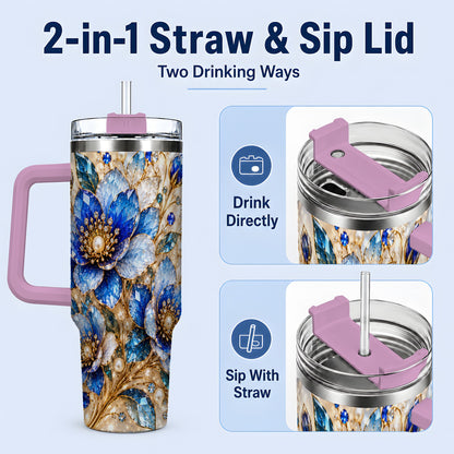 #pl[40oz|Pink] Blue Floral Art 40oz Tumbler, Drinkware for Flower Lovers