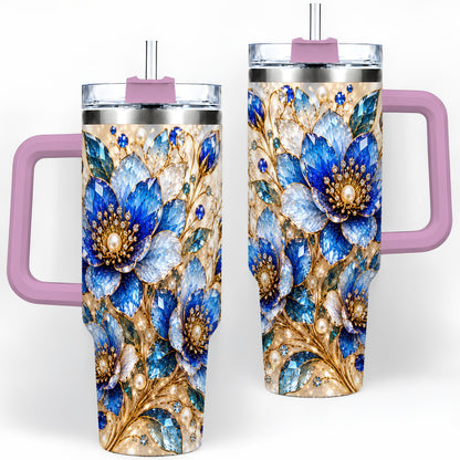#pl[40oz|Pink] Blue Floral Art 40oz Tumbler, Drinkware for Flower Lovers