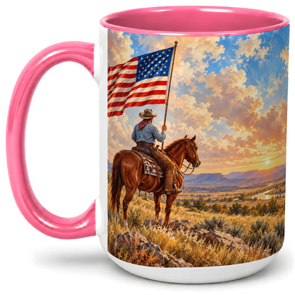 #pl[15oz|Pink] Patriotic Cowboy Accent Mug, Ceramic Drinkware for Western Fans