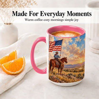 #pl[15oz|Pink] Patriotic Cowboy Accent Mug, Ceramic Drinkware for Western Fans