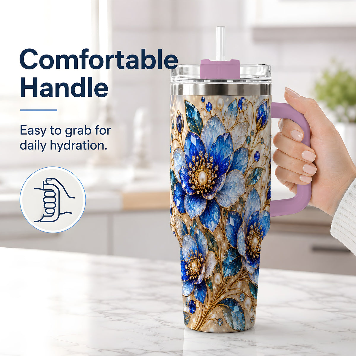 #pl[40oz|Pink] Blue Floral Art 40oz Tumbler, Drinkware for Flower Lovers