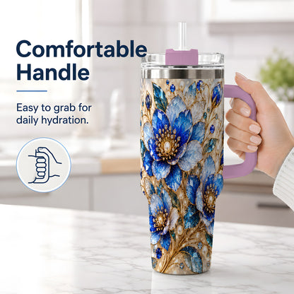 #pl[40oz|Pink] Blue Floral Art 40oz Tumbler, Drinkware for Flower Lovers