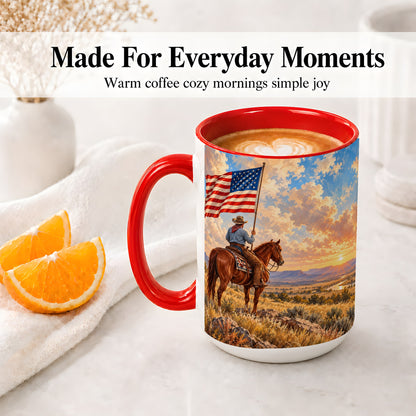 #pl[15oz|Red] Patriotic Cowboy Accent Mug, Ceramic Drinkware for Western Fans