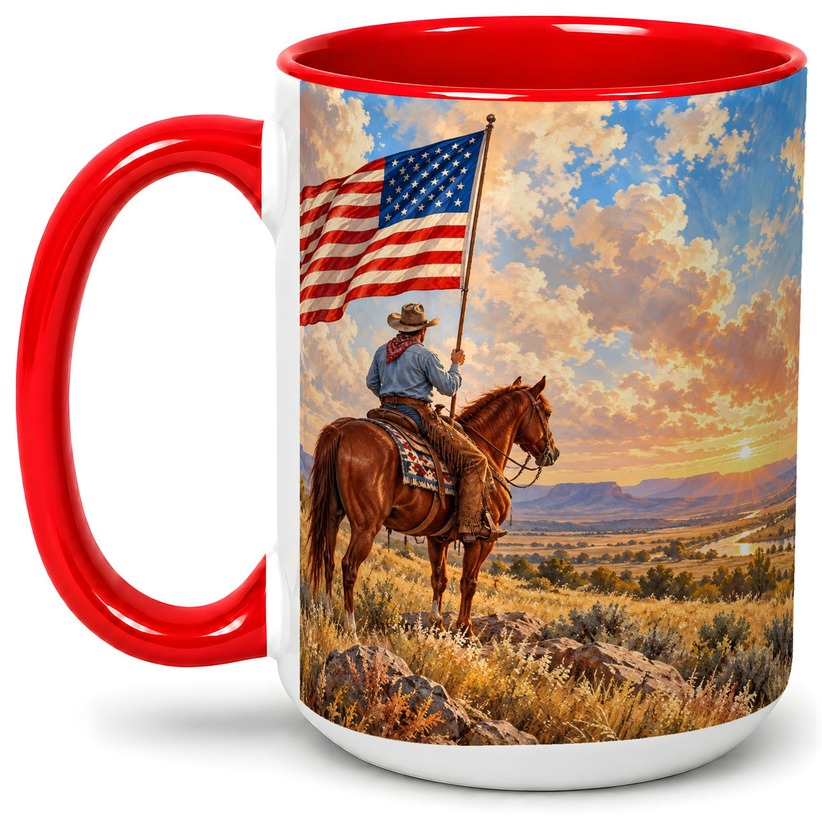 #pl[15oz|Red] Patriotic Cowboy Accent Mug, Ceramic Drinkware for Western Fans