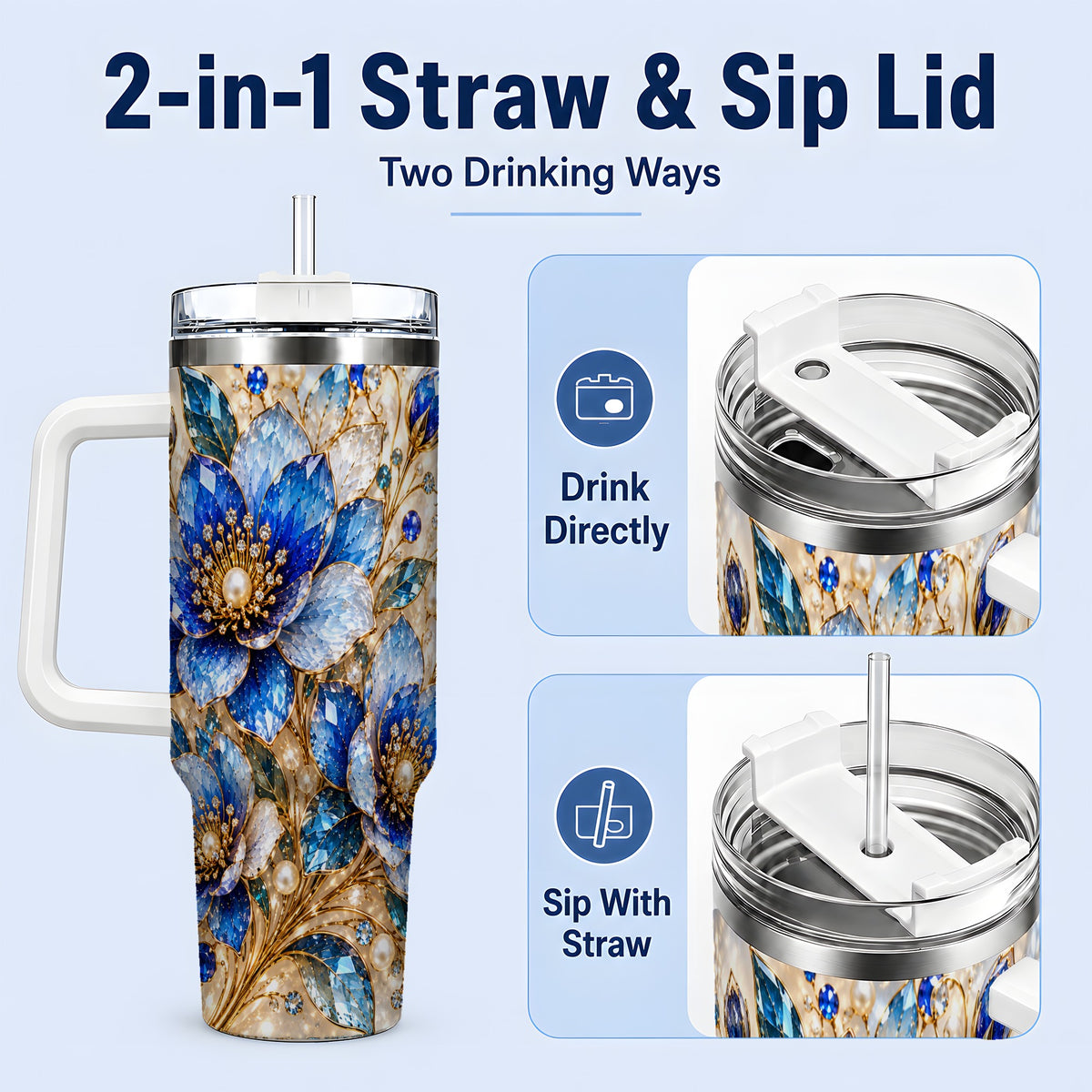 #pl[40oz|White] Blue Floral Art 40oz Tumbler, Drinkware for Flower Lovers
