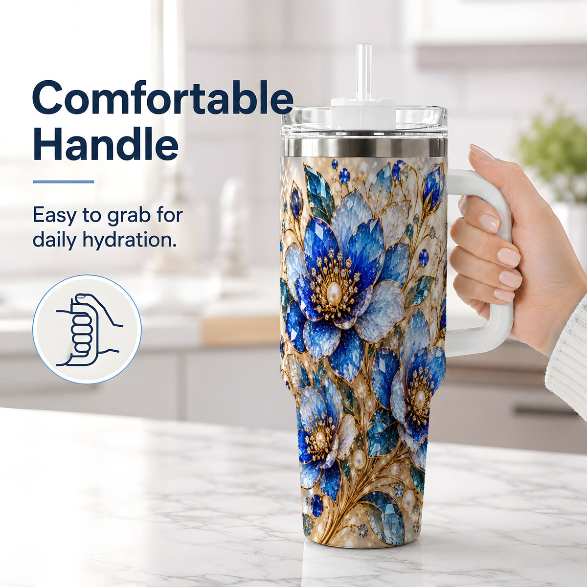 #pl[40oz|White] Blue Floral Art 40oz Tumbler, Drinkware for Flower Lovers