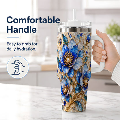 #pl[40oz|White] Blue Floral Art 40oz Tumbler, Drinkware for Flower Lovers