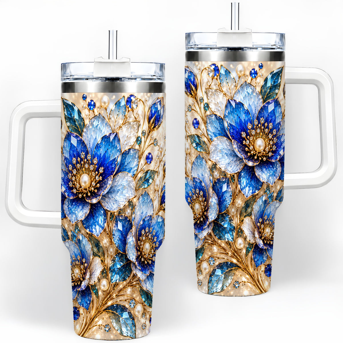 Blue Floral Art 40oz Tumbler, Drinkware for Flower Lovers