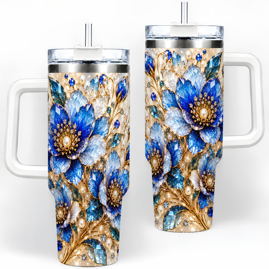 Blue Floral Art 40oz Tumbler, Drinkware for Flower Lovers