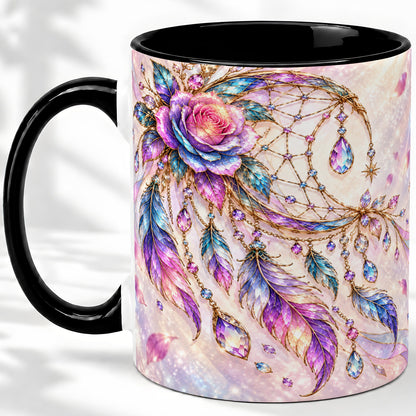 #pl[11oz|Black] Floral Dreamcatcher Accent Mug, Ceramic Drinkware for Boho Fans