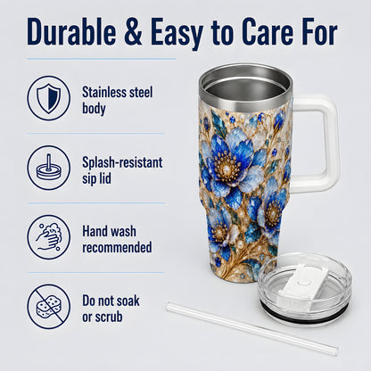 Blue Floral Art 40oz Tumbler, Drinkware for Flower Lovers
