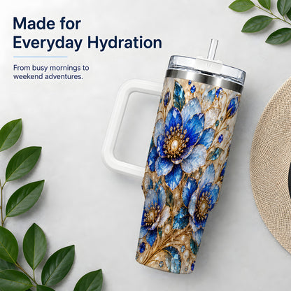 Blue Floral Art 40oz Tumbler, Drinkware for Flower Lovers